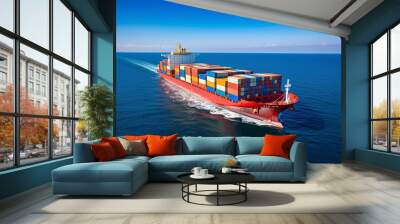 Aerial panorama of a cargo ship carrying container for import and export, business logistic and transportation in open sea with copy space Wall mural