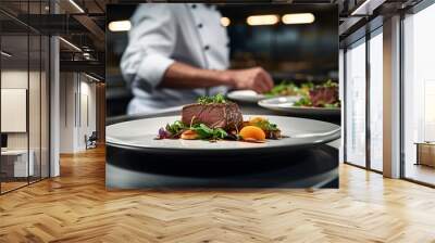 Chef preparing a dish of lamb meat with vegetables on a white plate Wall mural