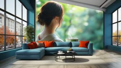 Young Japanese woman drinking tea at home, staring out of the window with a blank stare. Wall mural