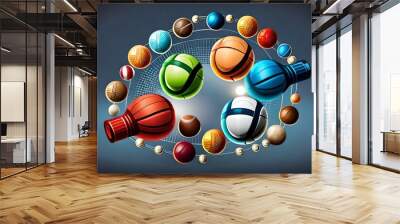 Sports equipment with a football basketball baseball soccer tennis ball volleyball boxing gloves and badminton as a symbol of sports online on colorful background. illustration. Wall mural