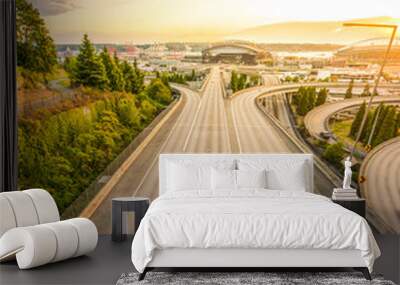 Seattle skylines and Interstate freeways converge with Elliott Bay,Seattle,Washington,usa. Wall mural