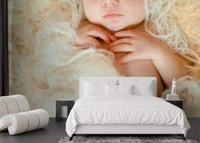 newborn baby lies on fur in basket Wall mural