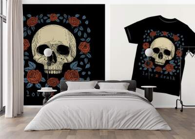 Love and death skull and rose vintage illustration t shirt Wall mural