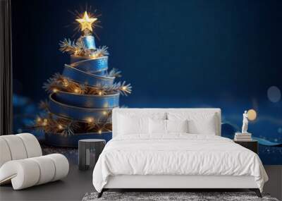 Blue ribbon forming a christmas tree with lights and sparkling snowflakes Wall mural