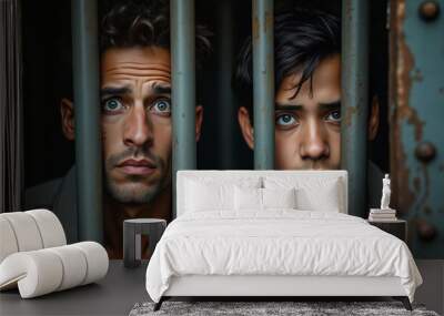 Two young men looking sad and scared through jail bars Wall mural