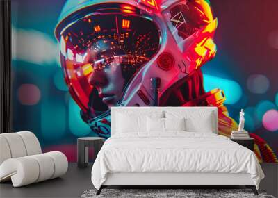 A man in a space suit is wearing a helmet with a glowing red eye Wall mural