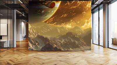 A space scene with a large planet and two smaller planets in the background Wall mural