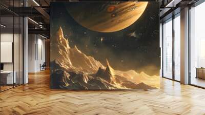 A space scene with a large planet and two smaller planets in the background Wall mural