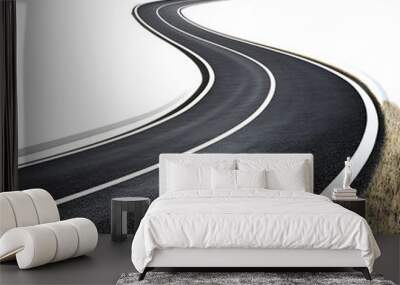 Curved asphalt road with white lines, empty highway through countryside, winding tarmac with grass, isolated on white background Wall mural