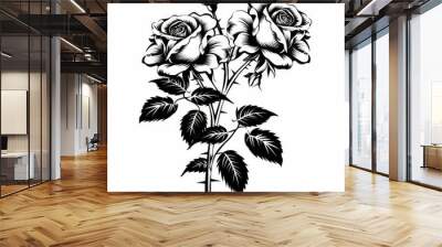 A black and white vector style image of a realistic 2 rose flower tattoo. Wall mural