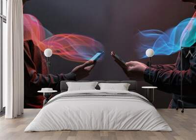 A photo illustrating a debate on phone radiation, capturing two individuals with opposing views. Wall mural