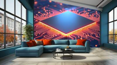 Close up of advanced AI chip glowing with energy, showcasing intricate circuitry and vibrant connections. image captures essence of modern technology and innovation Wall mural