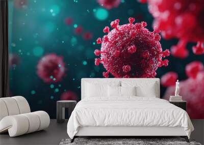 Close up of virus particles floating in air, showcasing intricate details and vibrant red colors. image evokes sense of urgency and awareness about contamination Wall mural