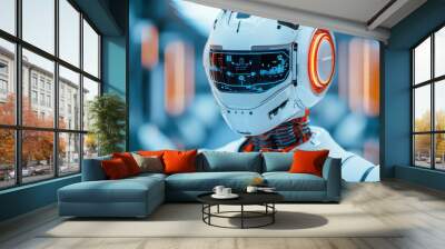 futuristic robotic system with sleek design and illuminated features, showcasing advanced technology and integration in industrial setting. robots helmet displays digital information, emphasizing its Wall mural