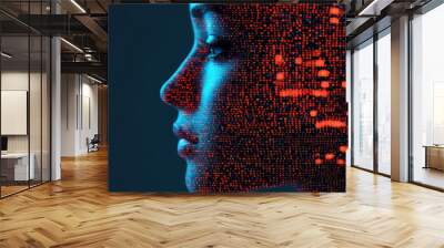 image showcases futuristic representation of human face composed of digital data streams, symbolizing intersection of technology and humanity. vibrant colors and intricate patterns evoke sense of inn Wall mural