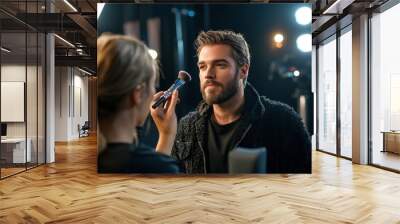 Professional Makeup Artist Applying Makeup to Actor During Video Production Preparation Wall mural