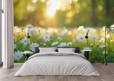 Spring flowers bloom. Abstract soft focus field. Landscape of white flowers blur grass meadow clear sunny day time. Tranquil spring summer nature closeup forest background Wall mural