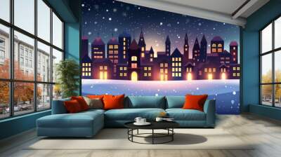 Winter Wonderland: Minimalistic Cartoon Cityscape Background Wall mural