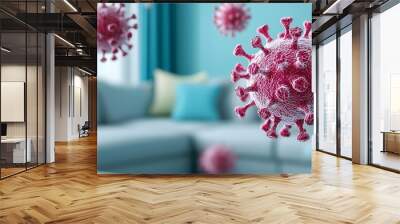 A cozy living room with floating virus particles, demonstrating the need for effective cleaning and health protection Wall mural