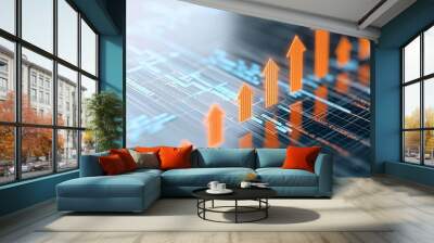 Abstract digital chart with upward arrows, depicting business growth and success in a futuristic financial market Wall mural