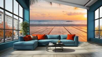 AI-driven summer beach bar, tropical sunset backdrop, empty wooden stage, warm and inviting Wall mural