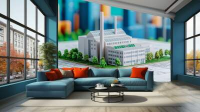 Architectural model of an industrial building with sustainable features, set on blueprints in a futuristic cityscape, highlighting green engineering Wall mural