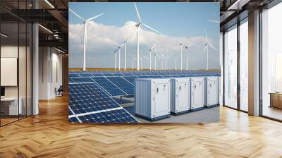 Battery storage systems with solar panels and wind turbines, renewable energy landscape, Li-ion battery technology, futuristic energy grid, bright sky background Wall mural