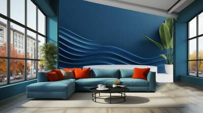 Blue podium for product presentation with fluid wave shapes in the background, minimalistic design, perfect for sleek and contemporary mockups Wall mural