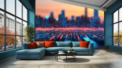 City skyline enhanced by AI-driven algorithms, symbolizing the future of real estate investment, intelligent management in a tech-forward urban setting Wall mural