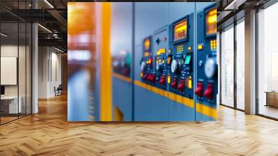 Close-up of a factory's electric control cabinet, capturing the essence of advanced industrial technology Wall mural