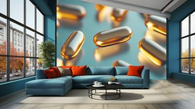 Close-up of glowing softgels in motion, warm light and bokeh background, macro shot for pharmaceutical or health industry promotion Wall mural