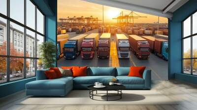 Fleet of cargo trucks parked at a loading dock during sunset, industrial shipping yard with trailers, golden hour light reflecting off trailers Wall mural