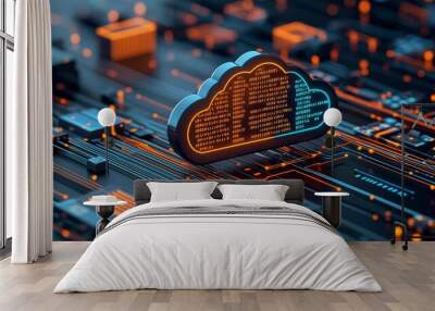 Futuristic cloud storage icon surrounded by vibrant binary code and digital connections, symbolizing advanced technology and data transfer Wall mural