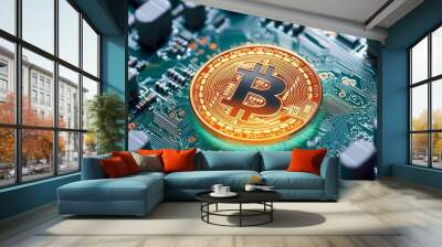 Intricate circuit board with a central glowing Bitcoin, emphasizing cryptocurrency technology and innovation Wall mural