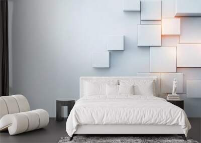 Minimalist digital interface background in white and gray tones, with floating square icons and soft light effects Wall mural