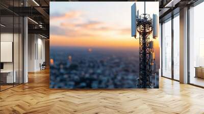 Urban connectivity showcased through a towering antenna, with a panoramic view of the city at sunset, emphasizing the scope of modern telecommunications Wall mural