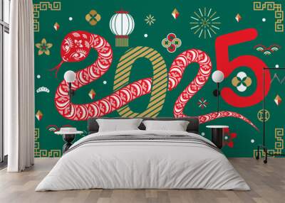 Happy chinese new year 2025  the snake zodiac sign with flower,lantern,pattern,cloud asian elements flat design style on color background. (Translation : happy new year 2025 year of the snake)
 Wall mural