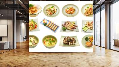 Set of assorted Asian food, Western food and Thai food isolated on white background. Wall mural