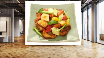 Sweet and sour chicken with colorful bell pepper on a plate Isolated on whiye background. Wall mural