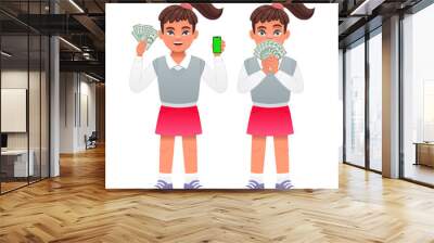 A beautiful child with money in his hand. The girl holds dollar bills in one hand and a smartphone in the other. The girl is surprised. Wall mural