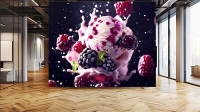 A close-up of a dessert with a ball of ice cream and raspberries and blackberries. A party of juicy berries, ice cream and cream in the air on a black background. Delicious sweet refreshing dessert Wall mural