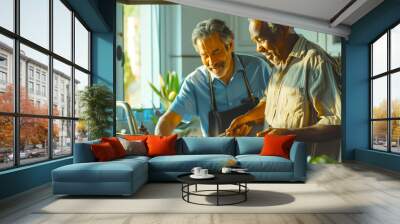 A couple of old interracial gays. Two elderly male friends cook a delicious lunch together in the kitchen. One of them is wearing an apron. They are smiling Wall mural