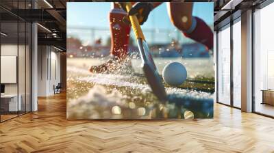 A field hockey competition. The athlete is in the middle of the field, holding a hockey stick and trying to hit a white ball Wall mural