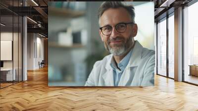 A male head doctor in a white lab coat and glasses smiles at the camera. An online therapist. He sitting at his desk in his office Wall mural