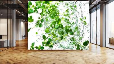 A micro-green in drops of pure water on a white background. A splash of water with green leaves floating in it. The water is clear and the leaves are bright green. The scene is dynamic Wall mural