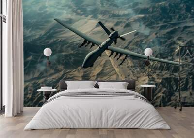 A military combat UAV is flying over a desert landscape. A drone attack. The concept of using modern technologies Wall mural