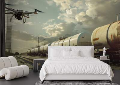 A military white UAV flies over a train full of oil tanks. The concept of smart warfare. Modern technologies in action Wall mural