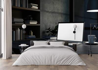 A mockup of a white laptop screen on a black wooden table in a stylish dark room. In a dimly lit room, there is an open laptop on the table Wall mural