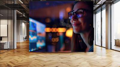 A young woman with glasses monitors the graphs on her computer, she smiles while looking at a computer screen with several monitors. She's wearing headphones Wall mural