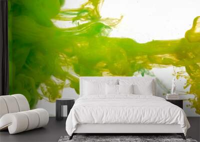 Green cloud of ink on a white background. Beautiful abstract background. Drops of green ink in water. Colored acrylic paints in water. Wall mural